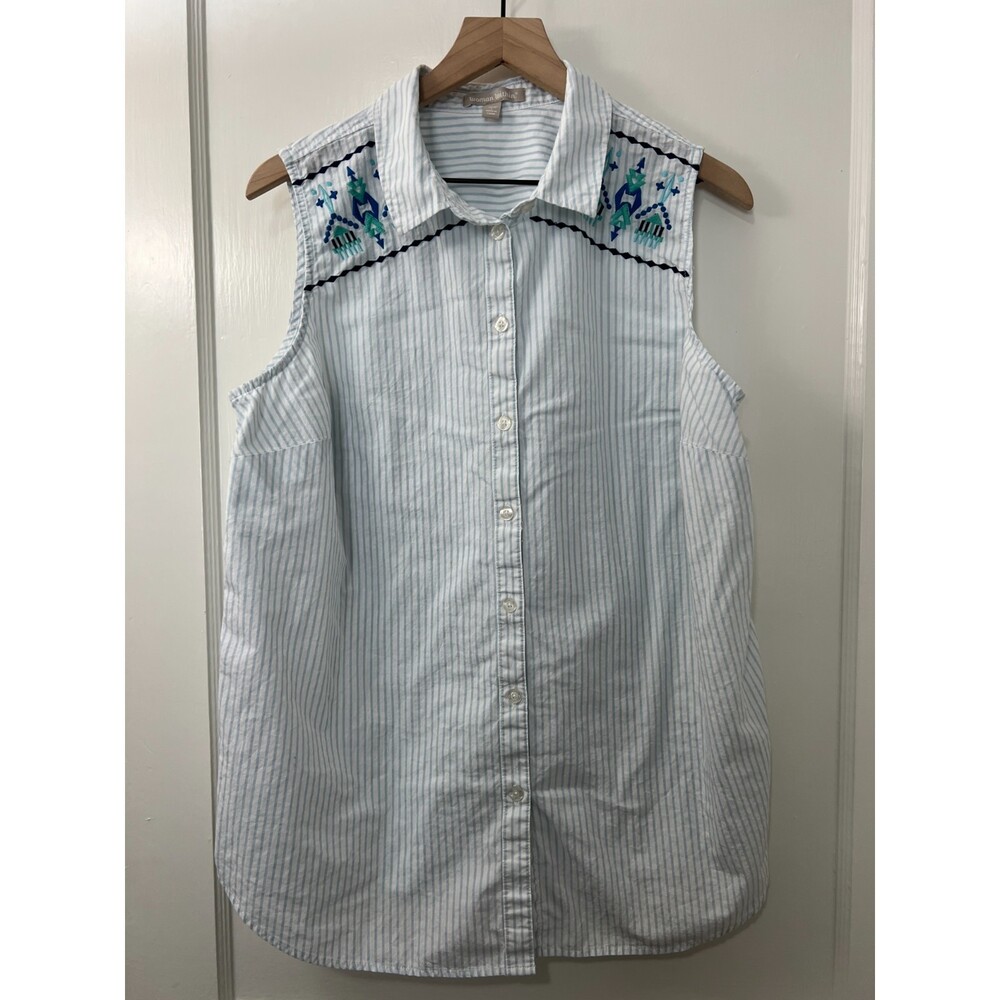 Woman Within Sleevless Button Up Shirt Blue White Stripe Embroidered - Size L
